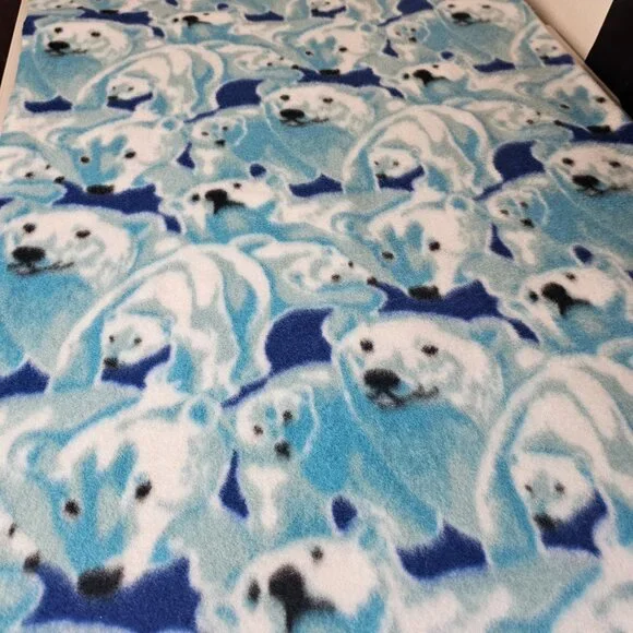 Polar Bear Fleece Panel W42" L71" w Sewn Pocket Craft Apron Blanket Blue White - Picture 4 of 5